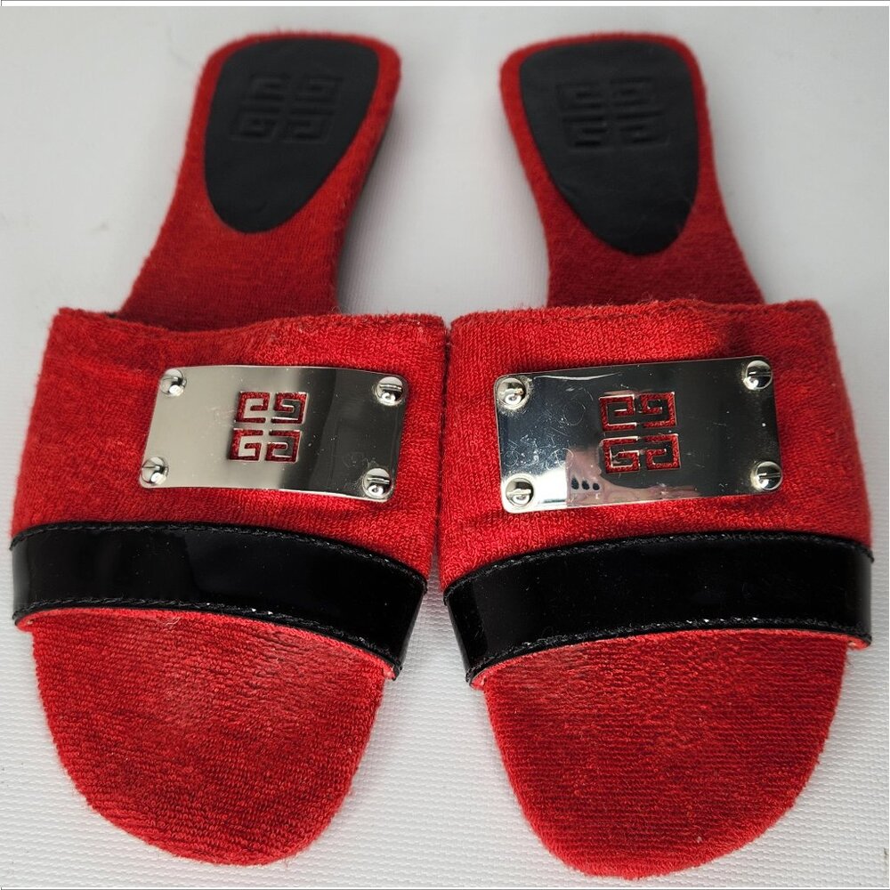 GIVENCHY vintage 38 red TERRY black Trim silver LOGO Plate Sandals Slides Authen - Picture 3 of 4